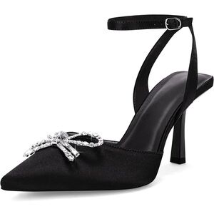Coutgo Womens Rhinestone Bow Heels Pumps Kitten Heel Pointed Toe Slingback Shoes